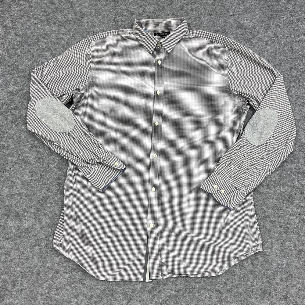 Banana Republic Shirt Mens 2XLT Gray Check Cotton Button Up Slim Elbow Patches